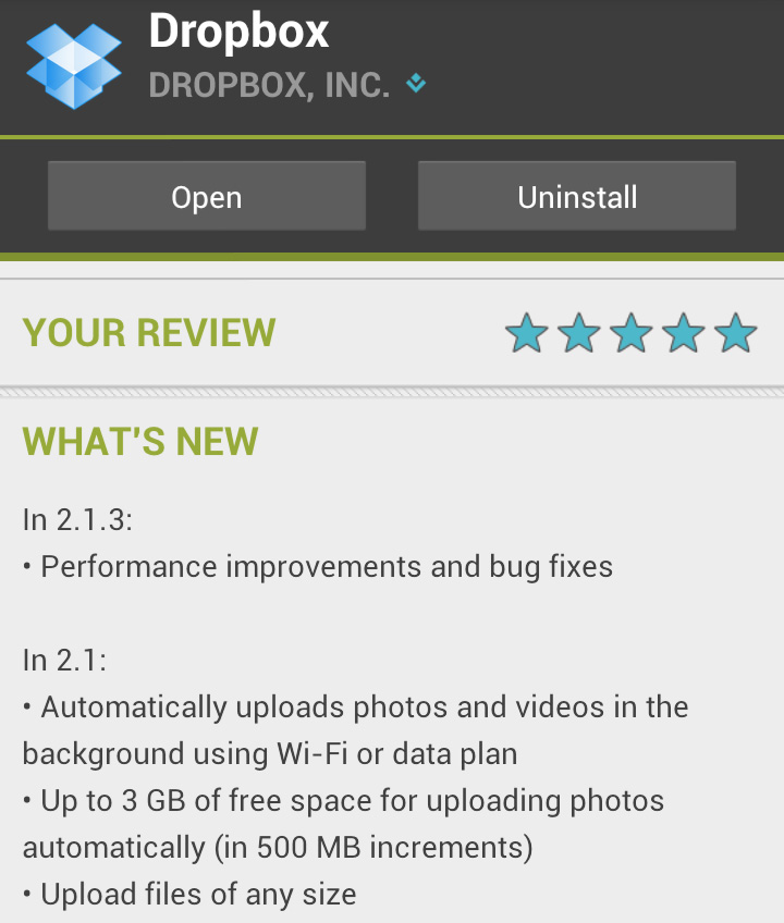 Dropbox on google Play